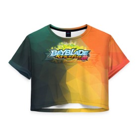 Женская футболка 3D укороченная с принтом beyblade логотип в Белгороде, 100% полиэстер | круглая горловина, длина футболки до линии талии, рукава с отворотами | Тематика изображения на принте: beyblade | beyblade burst | tomy beyblade | бейблэйд бердс | бейблэйд берст