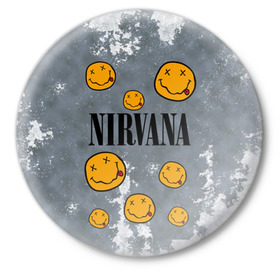 Значок с принтом NIRVANA в Белгороде,  металл | круглая форма, металлическая застежка в виде булавки | nirvana | альтернативный рок | гранж | группа | курт кобейн | логотип нирвана | музыка | нирвана | песни | рок