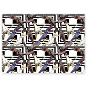 Поздравительная открытка с принтом Попугаи какаду в Белгороде, 100% бумага | плотность бумаги 280 г/м2, матовая, на обратной стороне линовка и место для марки
 | birds | bri | cockatoo | exotic | jungle | palm | parrots | tropical | акварель | геометрический | графика | джунгли | иллюстрация | картинка | мода | молодежная | орнамент | пальмы | попугаи | птицы | рисунок | стиль