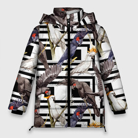 Женская зимняя куртка 3D с принтом Попугаи какаду в Белгороде, верх — 100% полиэстер; подкладка — 100% полиэстер; утеплитель — 100% полиэстер | длина ниже бедра, силуэт Оверсайз. Есть воротник-стойка, отстегивающийся капюшон и ветрозащитная планка. 

Боковые карманы с листочкой на кнопках и внутренний карман на молнии | birds | bri | cockatoo | exotic | jungle | palm | parrots | tropical | акварель | геометрический | графика | джунгли | иллюстрация | картинка | мода | молодежная | орнамент | пальмы | попугаи | птицы | рисунок | стиль