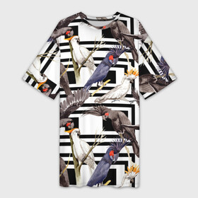 Платье-футболка 3D с принтом Попугаи какаду в Белгороде,  |  | birds | bri | cockatoo | exotic | jungle | palm | parrots | tropical | акварель | геометрический | графика | джунгли | иллюстрация | картинка | мода | молодежная | орнамент | пальмы | попугаи | птицы | рисунок | стиль