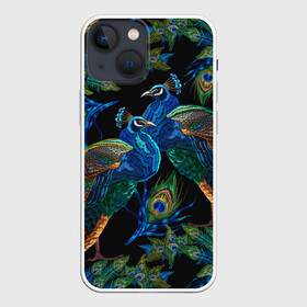 Чехол для iPhone 13 mini с принтом Павлины в Белгороде,  |  | birds | exotic | jungle | pal | peacocks | tropical | акварель | ветки | вышивка | геометрический | графика | джунгли | иллюстрация | картинка | мода | молодежная | орнамент | павлины | пальмы | перья | птицы | рисунок