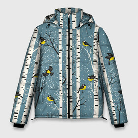 Мужская зимняя куртка 3D с принтом Синички на берёзах в Белгороде, верх — 100% полиэстер; подкладка — 100% полиэстер; утеплитель — 100% полиэстер | длина ниже бедра, свободный силуэт Оверсайз. Есть воротник-стойка, отстегивающийся капюшон и ветрозащитная планка. 

Боковые карманы с листочкой на кнопках и внутренний карман на молнии. | bir | birds | branches | fly | sit | tits | акварель | берёзы | ветки | графика | зима | идёт | иллюстрация | картинка | кузнечик | летят | мода | молодежная | мороз | новый год | птицы | рисунок | рождество | сидят | синий