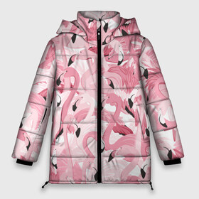Женская зимняя куртка 3D с принтом Фламинго в Белгороде, верх — 100% полиэстер; подкладка — 100% полиэстер; утеплитель — 100% полиэстер | длина ниже бедра, силуэт Оверсайз. Есть воротник-стойка, отстегивающийся капюшон и ветрозащитная планка. 

Боковые карманы с листочкой на кнопках и внутренний карман на молнии | birds | drawing | fashion | feathers | flamingo | graphics | illustration | picture | pink | stand | style | wings | youth | графика | иллюстрация | картинка | клюв | красивые | крылья | мода | молодежная | перья | птицы | рисунок | розовый | стиль | стоя
