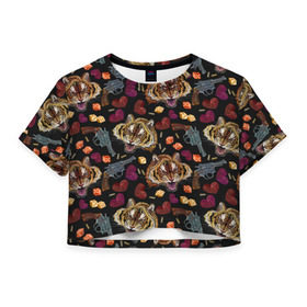 Женская футболка Cropp-top с принтом Тигры в Белгороде, 100% полиэстер | круглая горловина, длина футболки до линии талии, рукава с отворотами | 