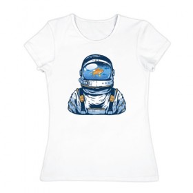 Женская футболка хлопок с принтом Космонавт с Рыбкой в Белгороде, 100% хлопок | прямой крой, круглый вырез горловины, длина до линии бедер, слегка спущенное плечо | астронавт | космонавт | космос | рыба | рыбалка | рыбы | шлем