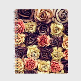 Тетрадь с принтом Шоколадные розы в Белгороде, 100% бумага | 48 листов, плотность листов — 60 г/м2, плотность картонной обложки — 250 г/м2. Листы скреплены сбоку удобной пружинной спиралью. Уголки страниц и обложки скругленные. Цвет линий — светло-серый
 | бабушке | девочке | девушке | дочке | желтые цветы | женщине | маме | подруге | природа | розовые цветы | розы | сестре | теще | тюльпаны | цветы