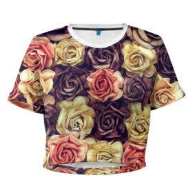 Женская футболка 3D укороченная с принтом Шоколадные розы в Белгороде, 100% полиэстер | круглая горловина, длина футболки до линии талии, рукава с отворотами | бабушке | девочке | девушке | дочке | желтые цветы | женщине | маме | подруге | природа | розовые цветы | розы | сестре | теще | тюльпаны | цветы