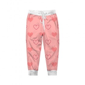 Детские брюки 3D с принтом Hearts (pink) в Белгороде, 100% полиэстер | манжеты по низу, эластичный пояс регулируется шнурком, по бокам два кармана без застежек, внутренняя часть кармана из мелкой сетки | Тематика изображения на принте: 
