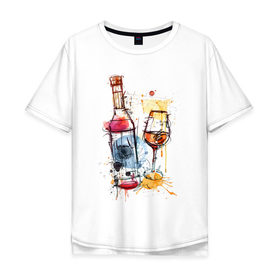 Мужская футболка хлопок Oversize с принтом Винишко арт в Белгороде, 100% хлопок | свободный крой, круглый ворот, “спинка” длиннее передней части | акварель | бокал | бутылка | вино | винцо | грусть | краски | одна