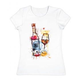 Женская футболка хлопок с принтом Винишко арт в Белгороде, 100% хлопок | прямой крой, круглый вырез горловины, длина до линии бедер, слегка спущенное плечо | акварель | бокал | бутылка | вино | винцо | грусть | краски | одна