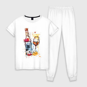 Женская пижама хлопок с принтом Винишко арт в Белгороде, 100% хлопок | брюки и футболка прямого кроя, без карманов, на брюках мягкая резинка на поясе и по низу штанин | акварель | бокал | бутылка | вино | винцо | грусть | краски | одна