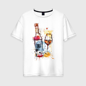Женская футболка хлопок Oversize с принтом Винишко арт в Белгороде, 100% хлопок | свободный крой, круглый ворот, спущенный рукав, длина до линии бедер
 | акварель | бокал | бутылка | вино | винцо | грусть | краски | одна