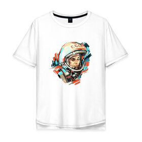 Мужская футболка хлопок Oversize с принтом Гагарин в Белгороде, 100% хлопок | свободный крой, круглый ворот, “спинка” длиннее передней части | 12 апреля | астронавт | вселенная | день космонавтики | звезды | космонавт | космос | луна | планета | поехали | полет | ссср | юрий