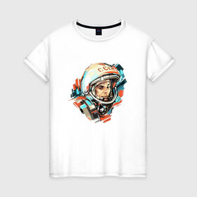 Женская футболка хлопок с принтом Гагарин в Белгороде, 100% хлопок | прямой крой, круглый вырез горловины, длина до линии бедер, слегка спущенное плечо | Тематика изображения на принте: 12 апреля | астронавт | вселенная | день космонавтики | звезды | космонавт | космос | луна | планета | поехали | полет | ссср | юрий