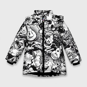 Зимняя куртка для девочек 3D с принтом Черно-Белое Граффити в Белгороде, ткань верха — 100% полиэстер; подклад — 100% полиэстер, утеплитель — 100% полиэстер. | длина ниже бедра, удлиненная спинка, воротник стойка и отстегивающийся капюшон. Есть боковые карманы с листочкой на кнопках, утяжки по низу изделия и внутренний карман на молнии. 

Предусмотрены светоотражающий принт на спинке, радужный светоотражающий элемент на пуллере молнии и на резинке для утяжки. | street art | арт | банка | белый | кисти | краска | надпись | роспись | стена | стикербомбинг | улица | черный