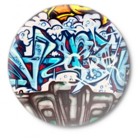 Значок с принтом Graffiti в Белгороде,  металл | круглая форма, металлическая застежка в виде булавки | Тематика изображения на принте: grafity | paint | street art | urban | город | граффити | искусство | кирпичи | краски | рисунки | стена | улицы | уличное искусство