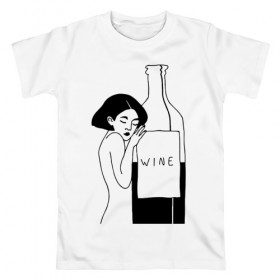 Мужская футболка хлопок с принтом Девушка с бутылкой вина в Белгороде, 100% хлопок | прямой крой, круглый вырез горловины, длина до линии бедер, слегка спущенное плечо. | белое | бутылка | вино | винцо | женщина | красное | обнимает | сухое