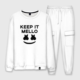 Мужской костюм хлопок с принтом KEEP IT MELLO (Marshmello) в Белгороде, 100% хлопок | на свитшоте круглая горловина, мягкая резинка по низу. Брюки заужены к низу, на них два вида карманов: два “обычных” по бокам и два объемных, с клапанами, расположенные ниже линии бедра. Брюки с мягкой трикотажной резинкой на поясе и по низу штанин. В поясе для дополнительного комфорта — широкие завязки | Тематика изображения на принте: christopher comstock | dj | keep it mello | marshmello | mello | music | диджей | клубная музыка | клубняк | крис комсток | логотип | маршмеллоу | музыка