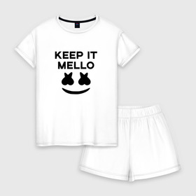 Женская пижама с шортиками хлопок с принтом KEEP IT MELLO (Marshmello) в Белгороде, 100% хлопок | футболка прямого кроя, шорты свободные с широкой мягкой резинкой | christopher comstock | dj | keep it mello | marshmello | mello | music | диджей | клубная музыка | клубняк | крис комсток | логотип | маршмеллоу | музыка