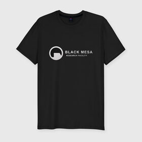 Мужская футболка премиум с принтом Black mesa logo в Белгороде, 92% хлопок, 8% лайкра | приталенный силуэт, круглый вырез ворота, длина до линии бедра, короткий рукав | Тематика изображения на принте: black mesa | black mesa logo | research facility