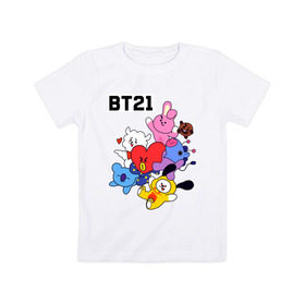Детская футболка хлопок с принтом BT21 Mascots в Белгороде, 100% хлопок | круглый вырез горловины, полуприлегающий силуэт, длина до линии бедер | bangtan boys | bt21mascots | bts | chimmy | cooky | koya | mang | rj | shooky | tata | van