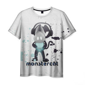Мужская футболка 3D с принтом Monstercat в Белгороде, 100% полиэфир | прямой крой, круглый вырез горловины, длина до линии бедер | Тематика изображения на принте: monstercat | клуб | клубная музыка | кот | котенок | кошка | лейбл | монстар | монстар кет | монстер | музыка | танцевальная музыка | электронная | электронная музыка