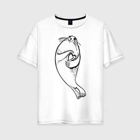 Женская футболка хлопок Oversize с принтом Нерпа Нина с Байкалом в Белгороде, 100% хлопок | свободный крой, круглый ворот, спущенный рукав, длина до линии бедер
 | baikal | irkutsk | байкал | иркутск | нерпа