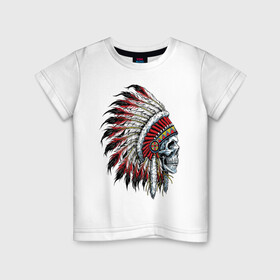 Детская футболка хлопок с принтом Череп в роуче в Белгороде, 100% хлопок | круглый вырез горловины, полуприлегающий силуэт, длина до линии бедер | голова | индейцы | куп | орёл. скелет | перо | перья