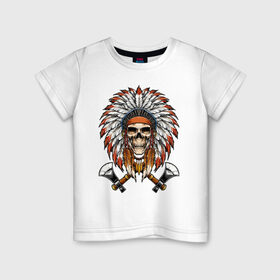 Детская футболка хлопок с принтом Индейский череп с топорами в Белгороде, 100% хлопок | круглый вырез горловины, полуприлегающий силуэт, длина до линии бедер | Тематика изображения на принте: индейцы | куп | орёл | перья | роуч | скелет | томагавк | топор
