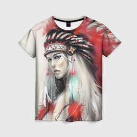 Женская футболка 3D с принтом Индейская девушка в Белгороде, 100% полиэфир ( синтетическое хлопкоподобное полотно) | прямой крой, круглый вырез горловины, длина до линии бедер | африка | индейцы | куп | перо | перья | этно