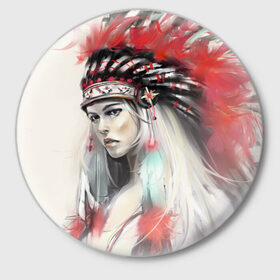 Значок с принтом Индейская девушка в Белгороде,  металл | круглая форма, металлическая застежка в виде булавки | Тематика изображения на принте: африка | индейцы | куп | перо | перья | этно