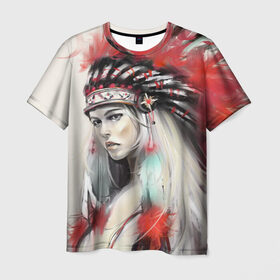 Мужская футболка 3D с принтом Индейская девушка в Белгороде, 100% полиэфир | прямой крой, круглый вырез горловины, длина до линии бедер | Тематика изображения на принте: африка | индейцы | куп | перо | перья | этно