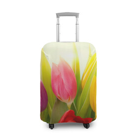 Чехол для чемодана 3D с принтом Тюльпаны в Белгороде, 86% полиэфир, 14% спандекс | двустороннее нанесение принта, прорези для ручек и колес | бабушке | девочке | девушке | дочке | желтые цветы | женщине | маме | подруге | природа | розовые цветы | розы | сестре | теще | тюльпаны | цветы