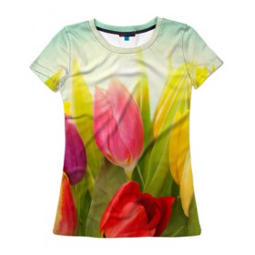 Женская футболка 3D с принтом Тюльпаны в Белгороде, 100% полиэфир ( синтетическое хлопкоподобное полотно) | прямой крой, круглый вырез горловины, длина до линии бедер | бабушке | девочке | девушке | дочке | желтые цветы | женщине | маме | подруге | природа | розовые цветы | розы | сестре | теще | тюльпаны | цветы