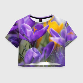 Женская футболка 3D укороченная с принтом Фиолетовые цветы в Белгороде, 100% полиэстер | круглая горловина, длина футболки до линии талии, рукава с отворотами | бабушке | девочке | девушке | дочке | желтые цветы | женщине | маме | подруге | природа | розовые цветы | розы | сестре | теще | тюльпаны | цветы