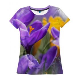 Женская футболка 3D с принтом Фиолетовые цветы в Белгороде, 100% полиэфир ( синтетическое хлопкоподобное полотно) | прямой крой, круглый вырез горловины, длина до линии бедер | бабушке | девочке | девушке | дочке | желтые цветы | женщине | маме | подруге | природа | розовые цветы | розы | сестре | теще | тюльпаны | цветы