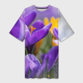 Платье-футболка 3D с принтом Фиолетовые цветы в Белгороде,  |  | бабушке | девочке | девушке | дочке | желтые цветы | женщине | маме | подруге | природа | розовые цветы | розы | сестре | теще | тюльпаны | цветы