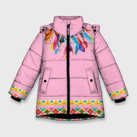 Зимняя куртка для девочек 3D с принтом индейское платье в Белгороде, ткань верха — 100% полиэстер; подклад — 100% полиэстер, утеплитель — 100% полиэстер. | длина ниже бедра, удлиненная спинка, воротник стойка и отстегивающийся капюшон. Есть боковые карманы с листочкой на кнопках, утяжки по низу изделия и внутренний карман на молнии. 

Предусмотрены светоотражающий принт на спинке, радужный светоотражающий элемент на пуллере молнии и на резинке для утяжки. | Тематика изображения на принте: boho | ethno | indians | native american | ttibal | америка | бохо | индейцы | орнамент | перья | трибал | узор | этника