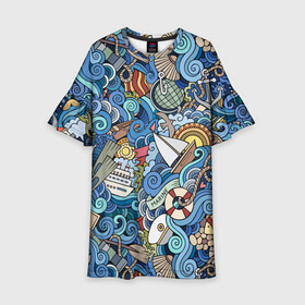 Детское платье 3D с принтом Морской коллаж в Белгороде, 100% полиэстер | прямой силуэт, чуть расширенный к низу. Круглая горловина, на рукавах — воланы | mari | весло | волны | галька | графика | детский | иллюстрация | канат | карта | картинка | коллаж | компас | корабль | маяк | мода | море | морской | облако | океан | птица | рисунок | рыбы | солнце | стиль