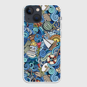 Чехол для iPhone 13 mini с принтом Морской коллаж в Белгороде,  |  | mari | весло | волны | галька | графика | детский | иллюстрация | канат | карта | картинка | коллаж | компас | корабль | маяк | мода | море | морской | облако | океан | птица | рисунок | рыбы | солнце | стиль