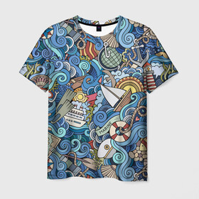 Мужская футболка 3D с принтом Морской коллаж в Белгороде, 100% полиэфир | прямой крой, круглый вырез горловины, длина до линии бедер | Тематика изображения на принте: mari | весло | волны | галька | графика | детский | иллюстрация | канат | карта | картинка | коллаж | компас | корабль | маяк | мода | море | морской | облако | океан | птица | рисунок | рыбы | солнце | стиль