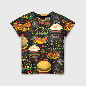 Детская футболка 3D с принтом Гамбургеры в Белгороде, 100% гипоаллергенный полиэфир | прямой крой, круглый вырез горловины, длина до линии бедер, чуть спущенное плечо, ткань немного тянется | Тематика изображения на принте: hamburgers | sandwic | булочка | бутерброды | быстрая | гамбургер | гамбургеры | геометрический | графика | еда | зелень | иллюстрация | картинка | кунжут | мода | мясо | надпись | орнамент | рисунок | свежий