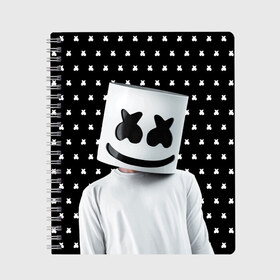 Тетрадь с принтом MARSHMELLO Black в Белгороде, 100% бумага | 48 листов, плотность листов — 60 г/м2, плотность картонной обложки — 250 г/м2. Листы скреплены сбоку удобной пружинной спиралью. Уголки страниц и обложки скругленные. Цвет линий — светло-серый
 | marsh | marshmallow | marshmello | marshmelo | mello | music | smile | диджей | лого | маршмеллов | маршмеллоу | маршмеллу | маршмело | маршмелов | маршмелоу | музыка | музыкант | рожица | трэп | улыбка | хаус