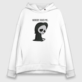 Женское худи Oversize хлопок с принтом Nobody Hugs Me в Белгороде, френч-терри — 70% хлопок, 30% полиэстер. Мягкий теплый начес внутри —100% хлопок | боковые карманы, эластичные манжеты и нижняя кромка, капюшон на магнитной кнопке | Тематика изображения на принте: грусть | коса | милый | мимими | обнимашки | объятие | печаль | скелет | уныние | череп