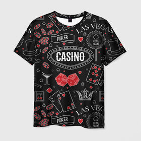 Мужская футболка 3D с принтом Казино в Белгороде, 100% полиэфир | прямой крой, круглый вырез горловины, длина до линии бедер | casi | азарт | америка | белый | город | графика | давай | игра | играть | игрок | иллюстрация | искусство | казино | картинка | карты | корона | красный | кубики | лас вегас | масти | мода | орнамент | покер