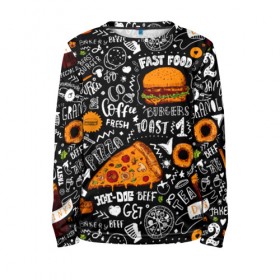 Детский лонгслив 3D с принтом Fast food в Белгороде, 100% полиэстер | длинные рукава, круглый вырез горловины, полуприлегающий силуэт
 | fast | food | hambu | булочка | бутерброды | быстрое | гамбургеры | графика | еда | зелень | иллюстрация | картинка | кунжут | мода | мясо | надпись | орнамент | питание | пицца | пончики | рисунок | свежий