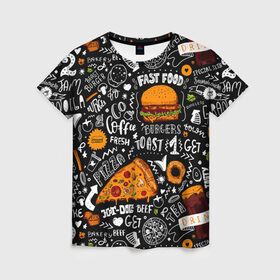 Женская футболка 3D с принтом Fast food в Белгороде, 100% полиэфир ( синтетическое хлопкоподобное полотно) | прямой крой, круглый вырез горловины, длина до линии бедер | fast | food | hambu | булочка | бутерброды | быстрое | гамбургеры | графика | еда | зелень | иллюстрация | картинка | кунжут | мода | мясо | надпись | орнамент | питание | пицца | пончики | рисунок | свежий