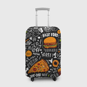 Чехол для чемодана 3D с принтом Fast food в Белгороде, 86% полиэфир, 14% спандекс | двустороннее нанесение принта, прорези для ручек и колес | fast | food | hambu | булочка | бутерброды | быстрое | гамбургеры | графика | еда | зелень | иллюстрация | картинка | кунжут | мода | мясо | надпись | орнамент | питание | пицца | пончики | рисунок | свежий