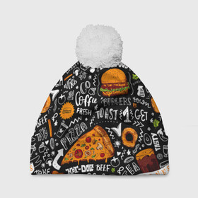 Шапка 3D c помпоном с принтом Fast food в Белгороде, 100% полиэстер | универсальный размер, печать по всей поверхности изделия | fast | food | hambu | булочка | бутерброды | быстрое | гамбургеры | графика | еда | зелень | иллюстрация | картинка | кунжут | мода | мясо | надпись | орнамент | питание | пицца | пончики | рисунок | свежий